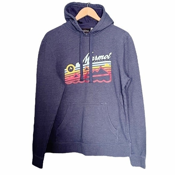 Marmot Pullover Hoodie Navy Heather Fleece Lined Graphic Print Men’s Size Medium - Picture 8 of 8